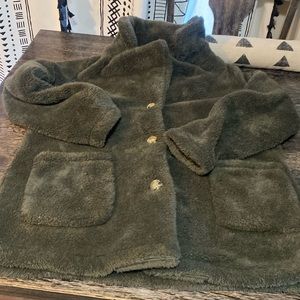 Large green fleece button up coat